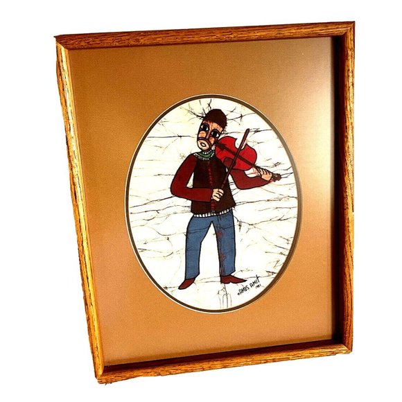 AMOS AMIT FIDDLER JUDAIC Batik Signed Painting 1981 Oval Mat Framed -Priced Each - Picture 3 of 12